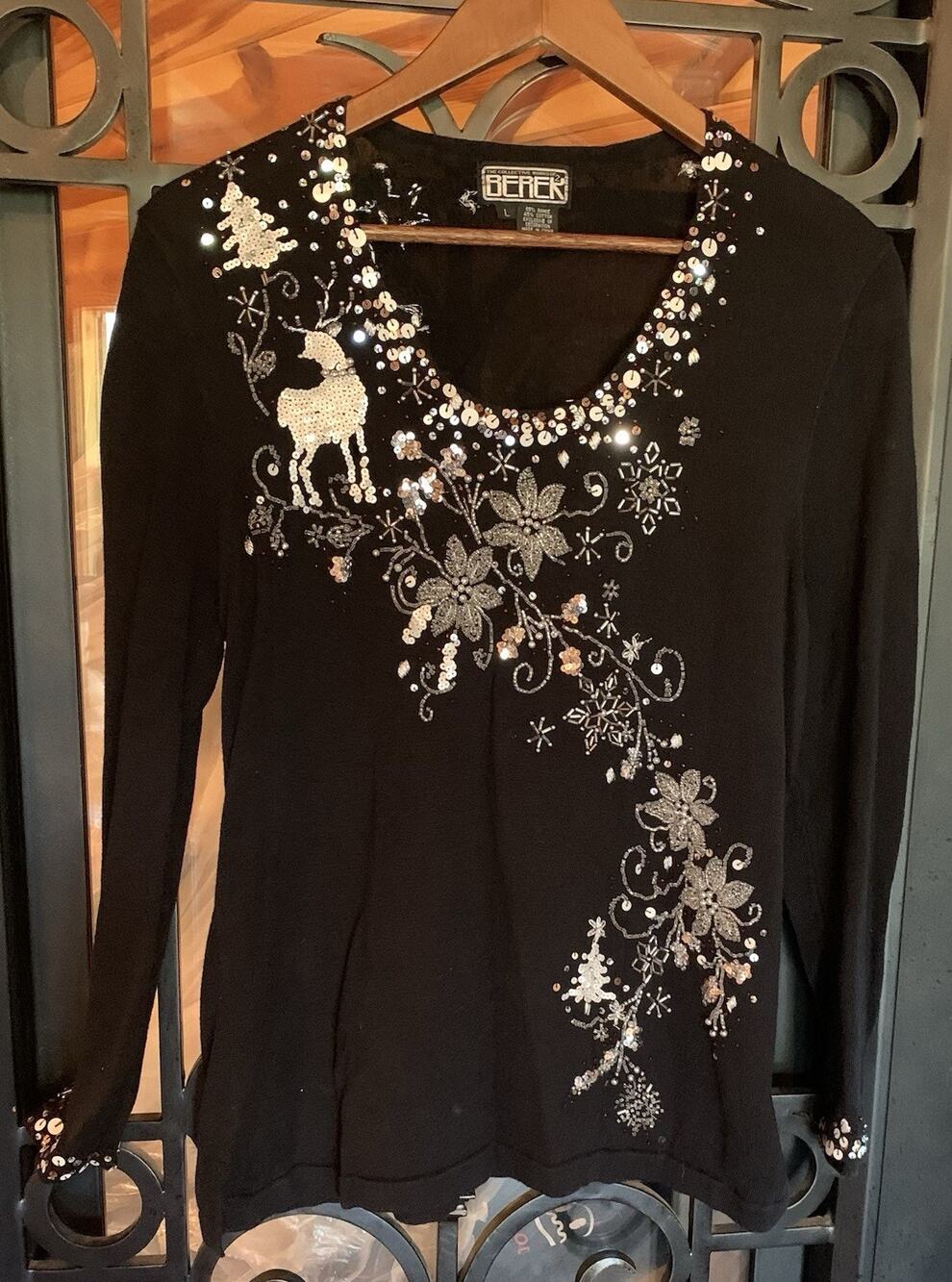 VTG Berek Holiday Sweater Top Black Silver Rhinestone Sequin Reindeer Beads L